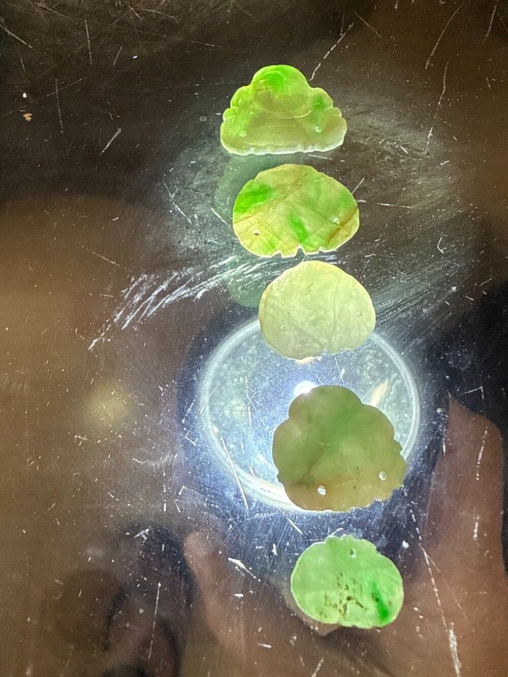 5 Antique Chinese Carved Jade Buttons Figural Buddha Green Jade 3.25g